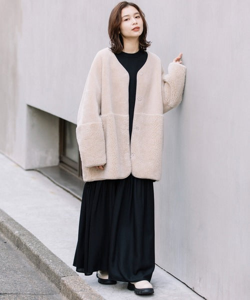 【10/18インスタライブ商品】MUNICH(ミューニック) ウールシープボアムートンリバーシブルノーカラーコート MN252C56