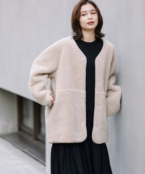 【10/18インスタライブ商品】MUNICH(ミューニック) ウールシープボアムートンリバーシブルノーカラーコート MN252C56