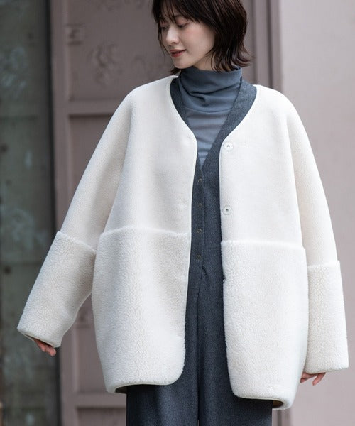 【10/18インスタライブ商品】MUNICH(ミューニック)　ウールシープボアムートンリバーシブルノーカラーコート　MN252C56