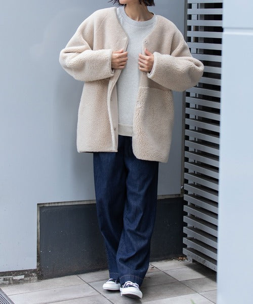 【10/18インスタライブ商品】MUNICH(ミューニック)　ウールシープボアムートンリバーシブルノーカラーコート　MN252C56