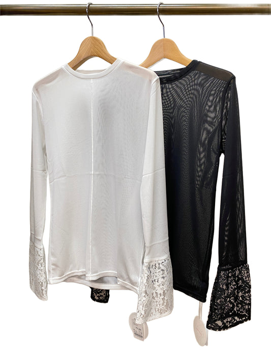 anana (アナナ) 袖口レース　メッシュニットクルーネックトップス A19-043